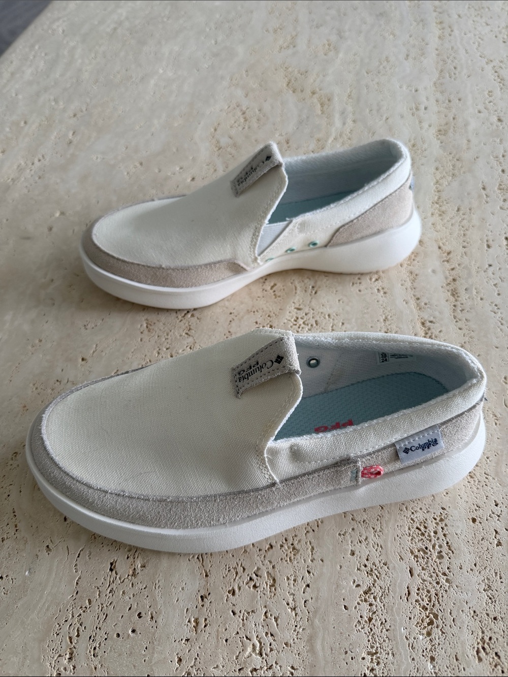 Columbia Women’s PFG Slip-On Canvas Sneakers in Off-White and Light Beige